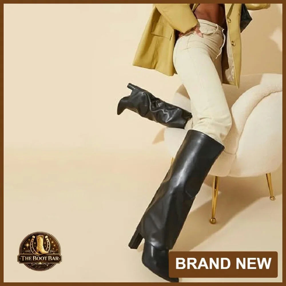 Knee High Boots Women Fold Over Chunky Heel Zipper Pointed Toe Dress Tall - Picture 6 of 8